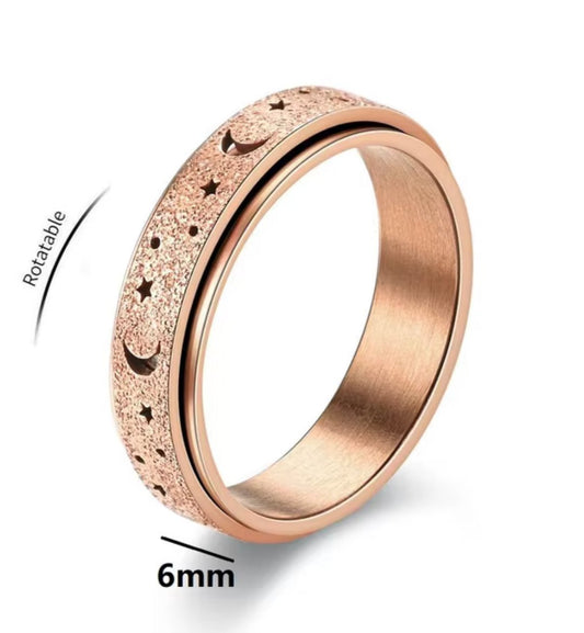 Frosted Stainless Steel Moon & Star Fidget Rings - Shimmery Rose Gold