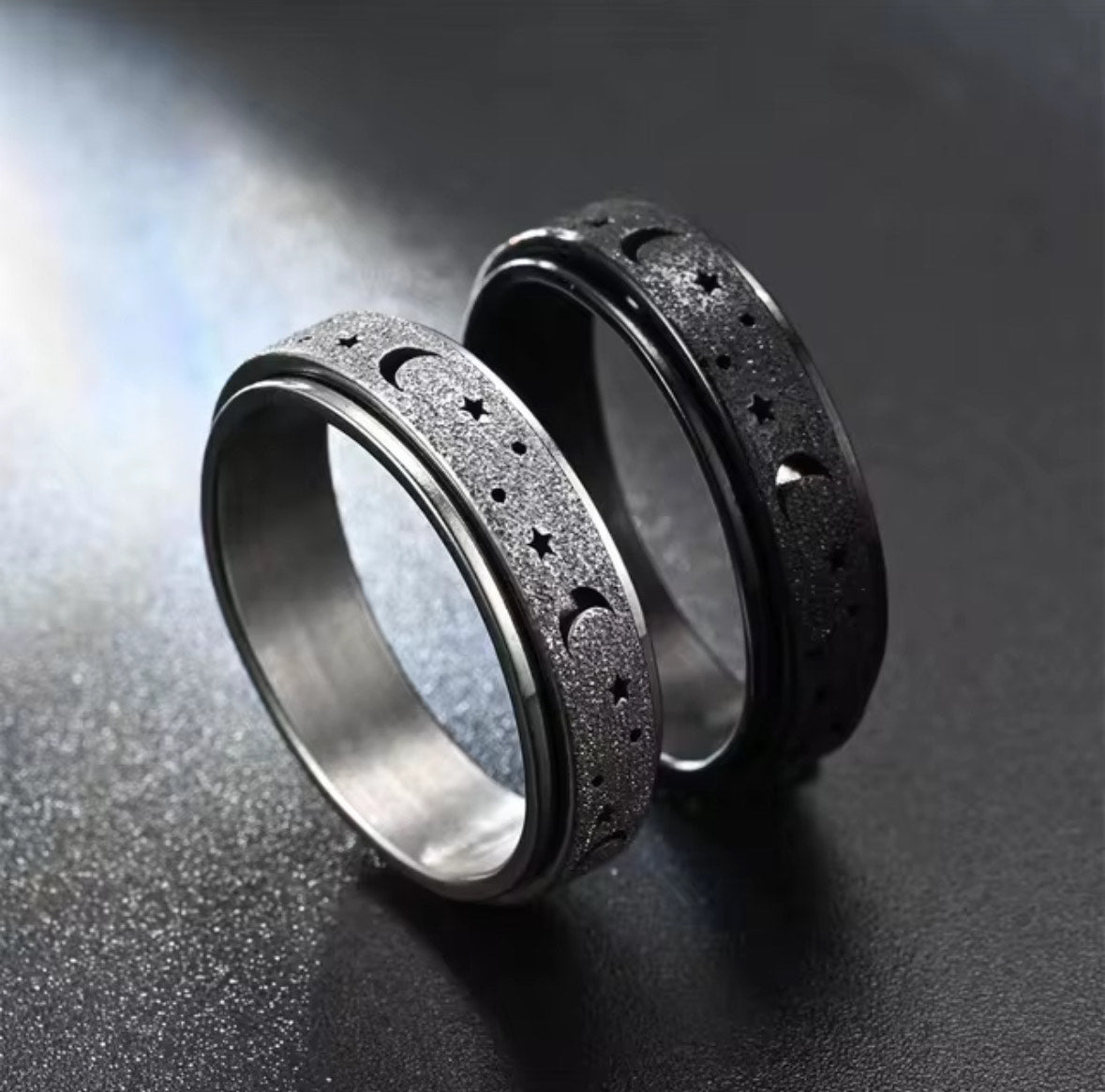 Frosted Stainless Steel Moon & Star Fidget Rings