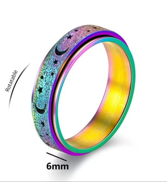 Frosted Stainless Steel Moon & Star Fidget Rings - Multicolor