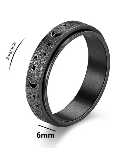 Frosted Stainless Steel Moon & Star Fidget Rings - Shimmery Black